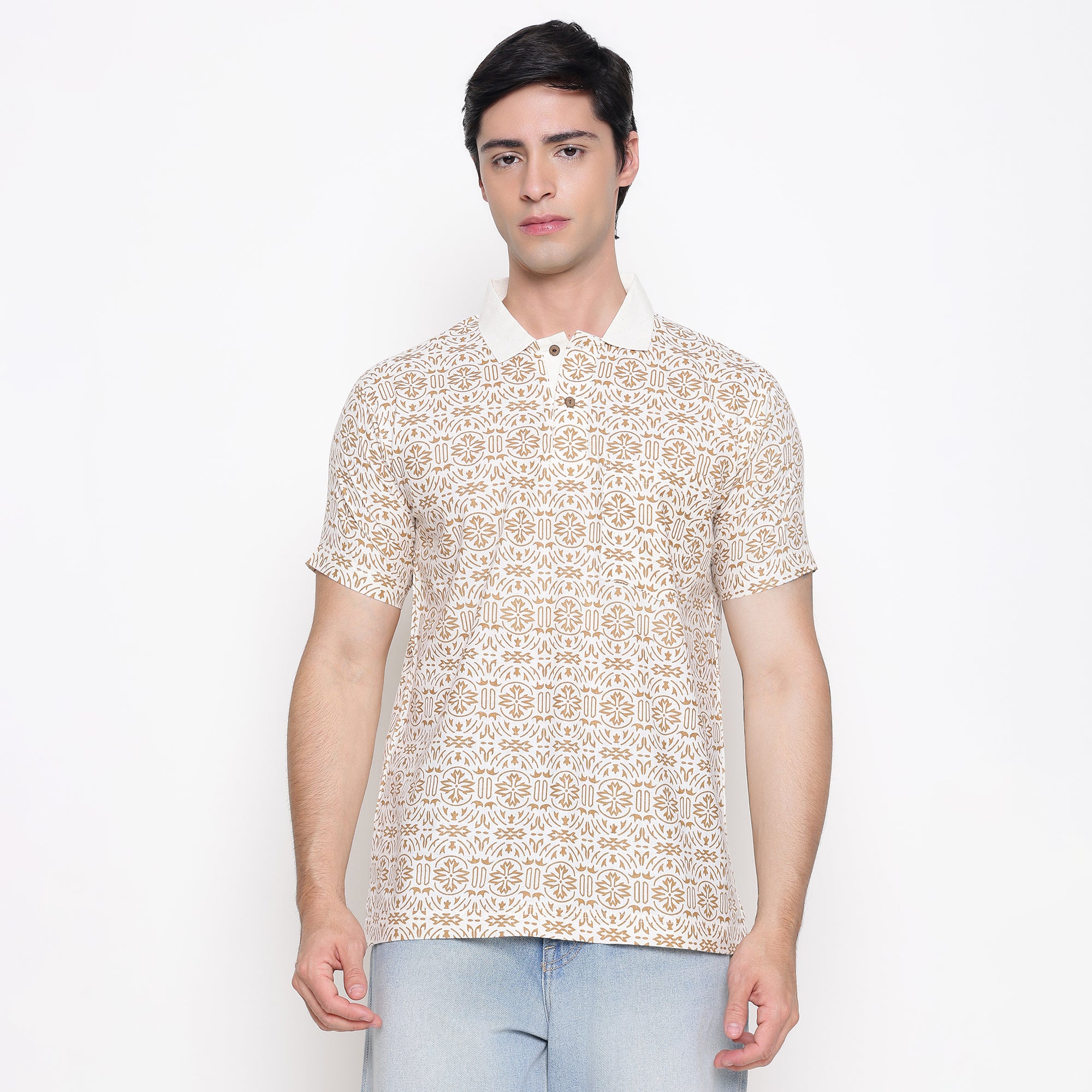 Men Printed 100% Kora Cotton Polo T-shirt | Regular Fit | Beige