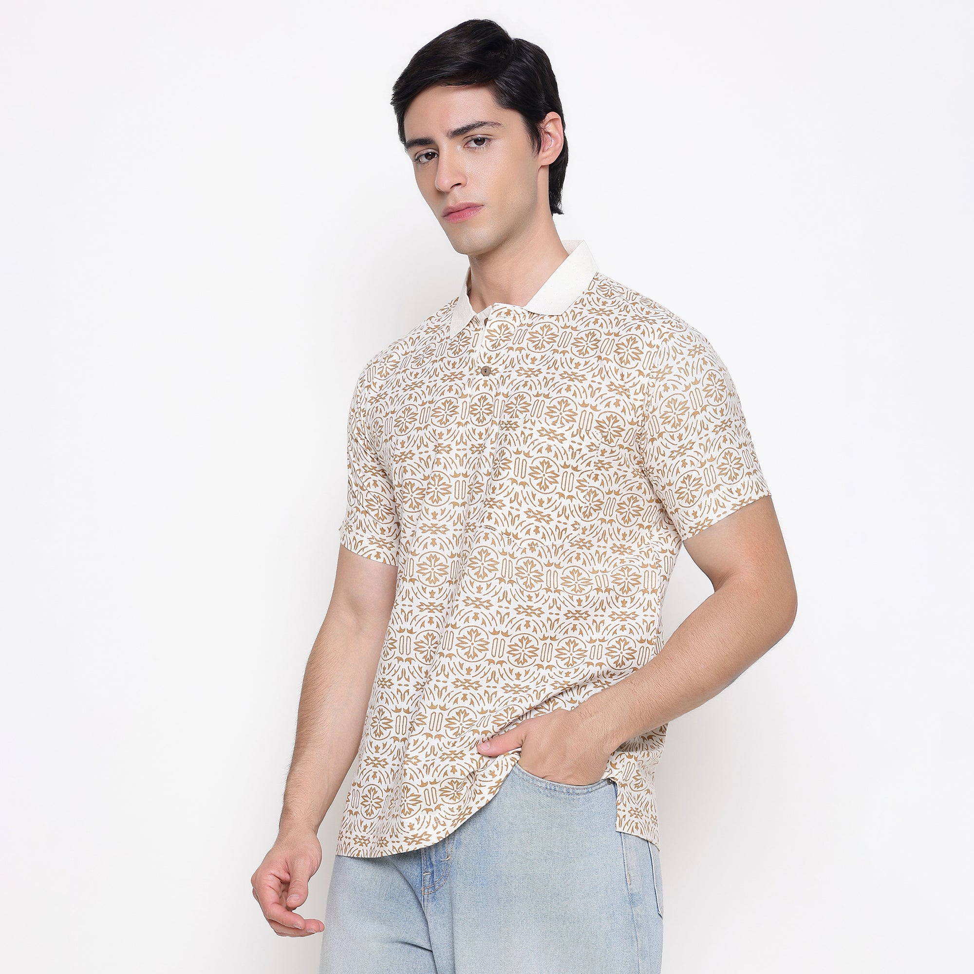 Men Printed 100% Kora Cotton Polo T-shirt | Regular Fit | Beige