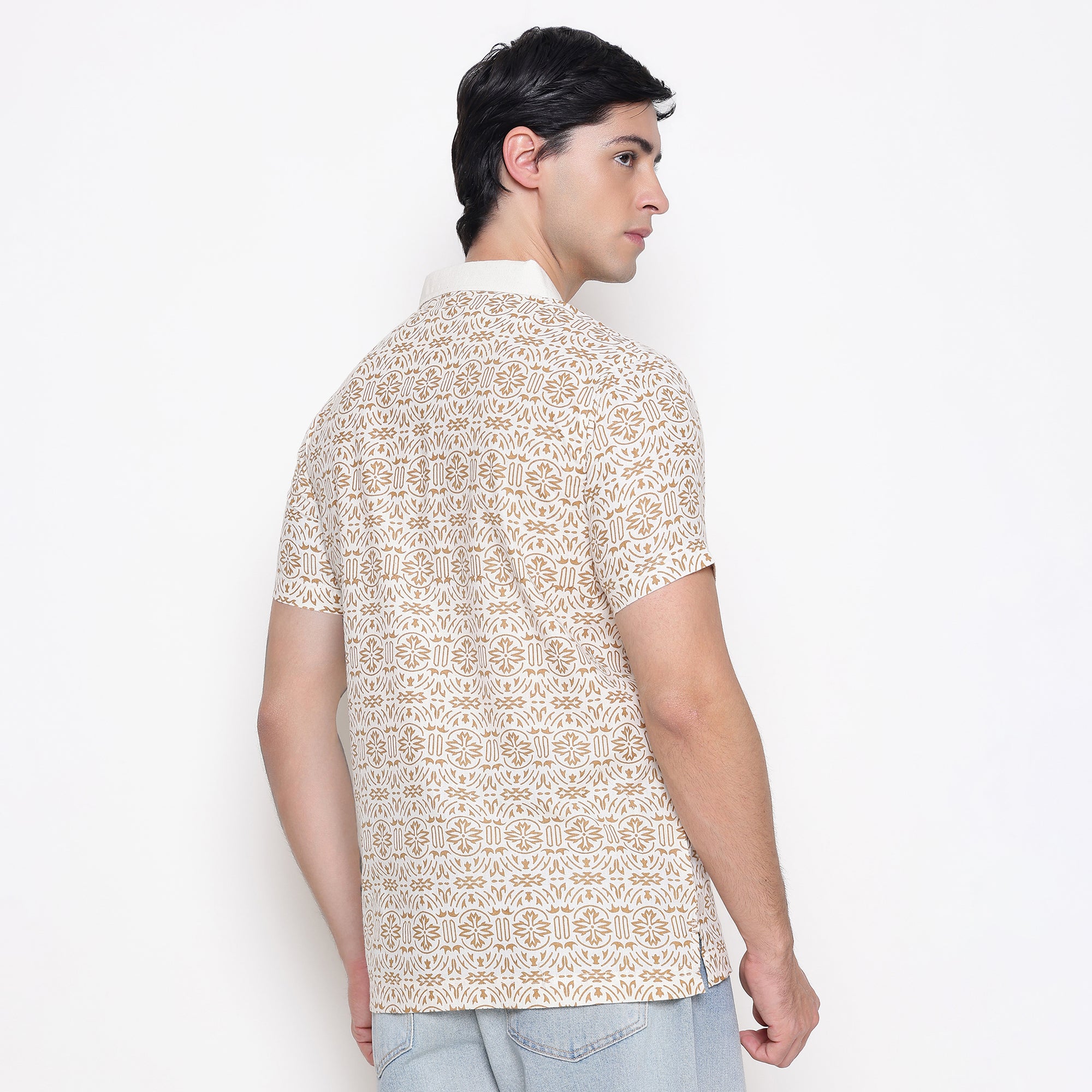 Men Printed 100% Kora Cotton Polo T-shirt | Regular Fit | Beige