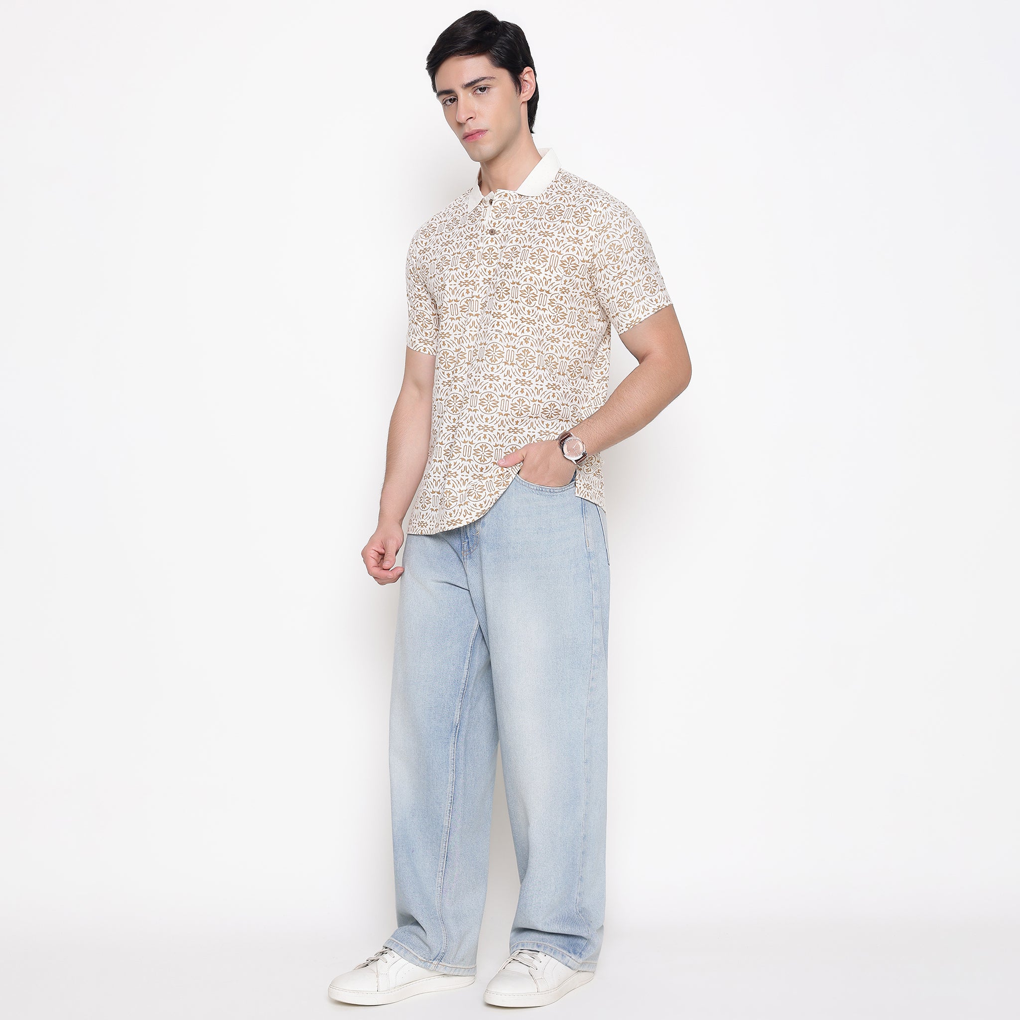 Men Printed 100% Kora Cotton Polo T-shirt | Regular Fit | Beige