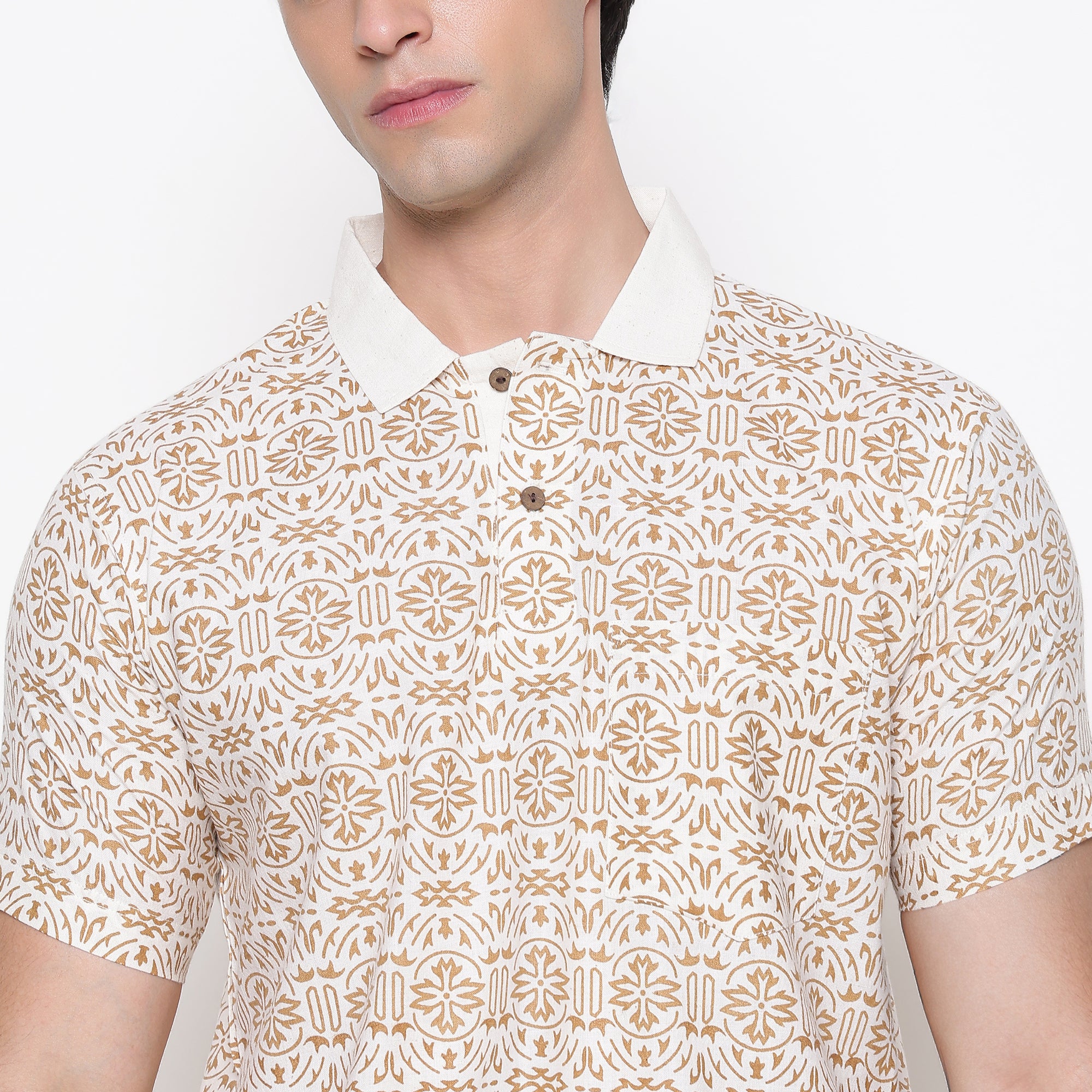 Men Printed 100% Kora Cotton Polo T-shirt | Regular Fit | Beige