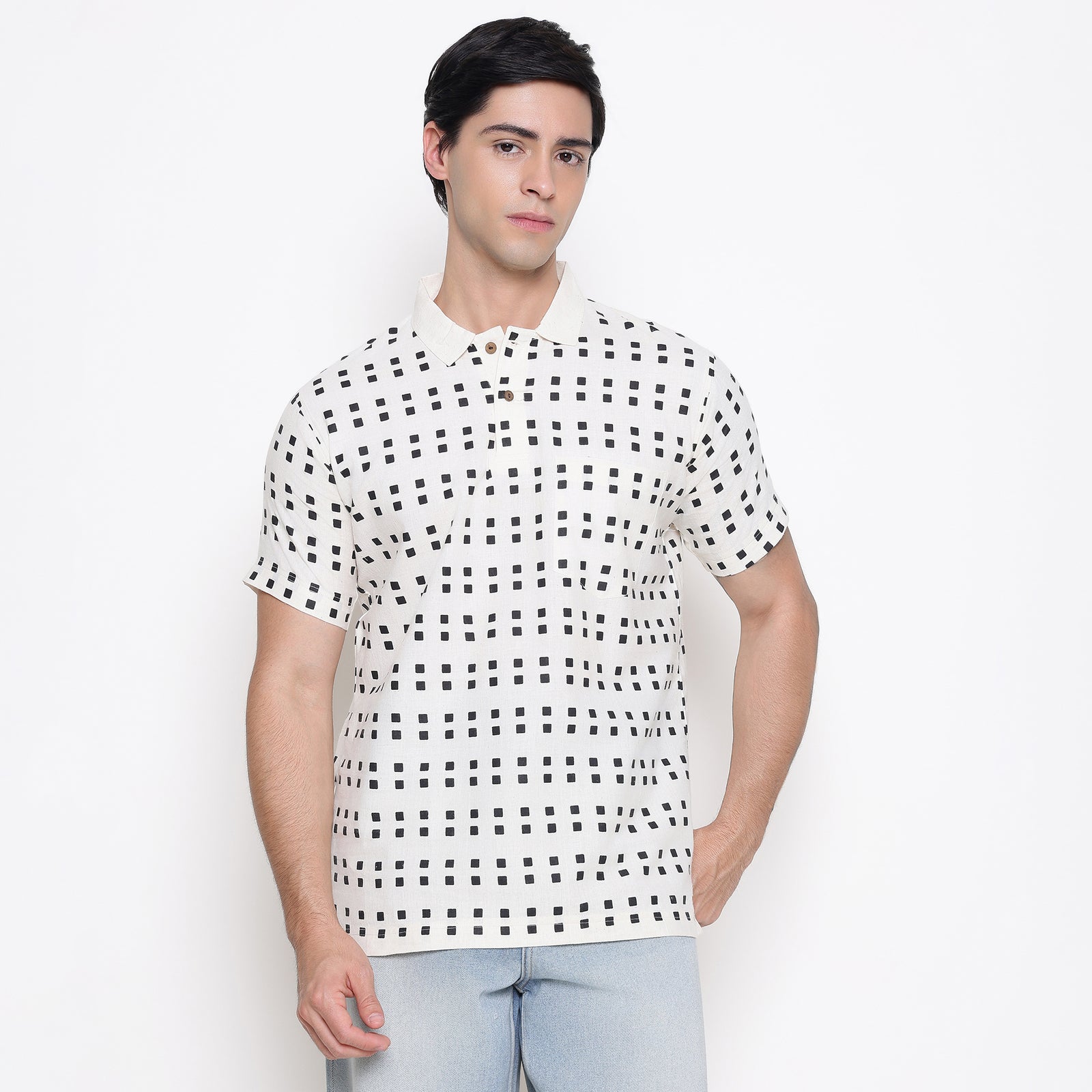 Men Printed 100% Kora Cotton Polo T-shirt | Regular Fit | Black Dot Design