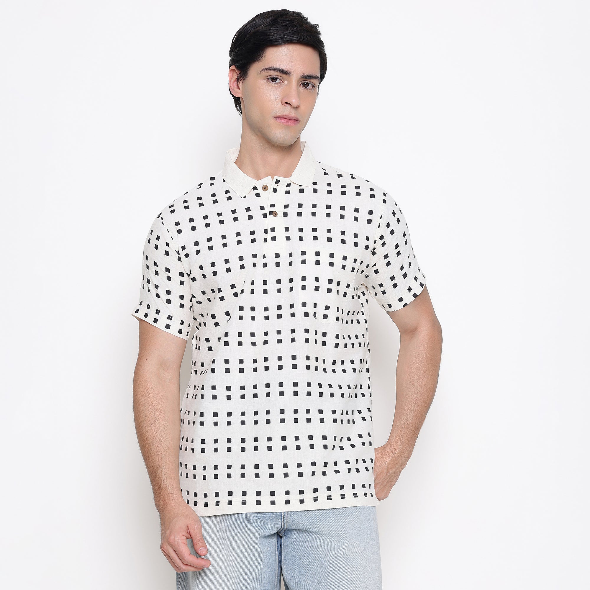 Men Printed 100% Kora Cotton Polo T-shirt | Regular Fit | Black Dot Design