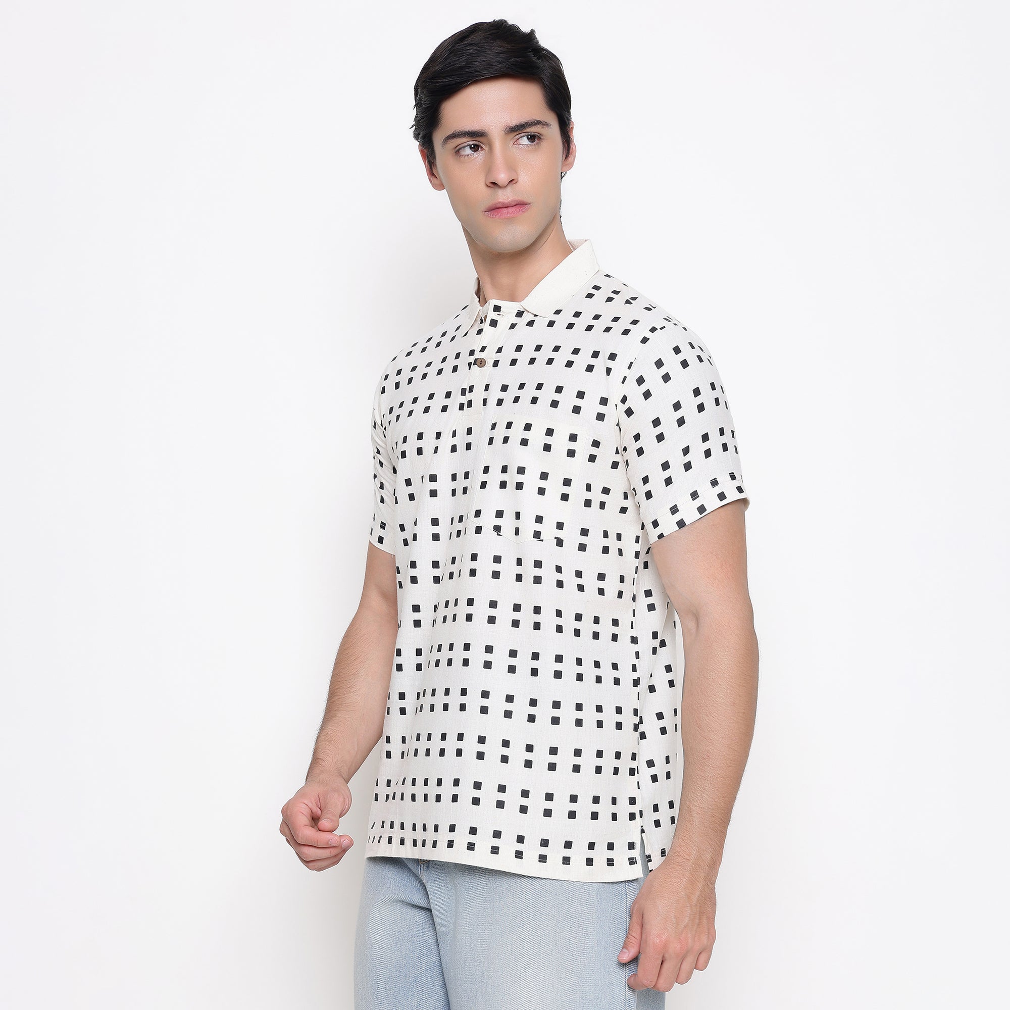 Men Printed 100% Kora Cotton Polo T-shirt | Regular Fit | Black Dot Design