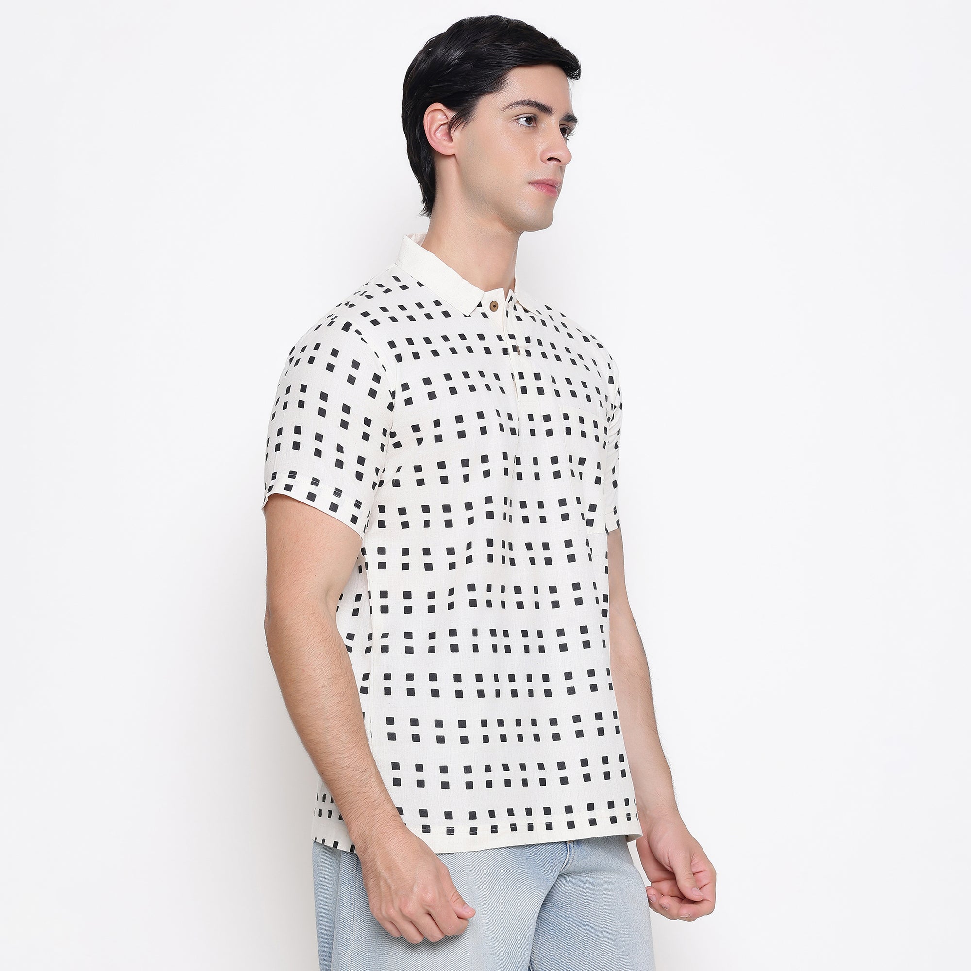 Men Printed 100% Kora Cotton Polo T-shirt | Regular Fit | Black Dot Design
