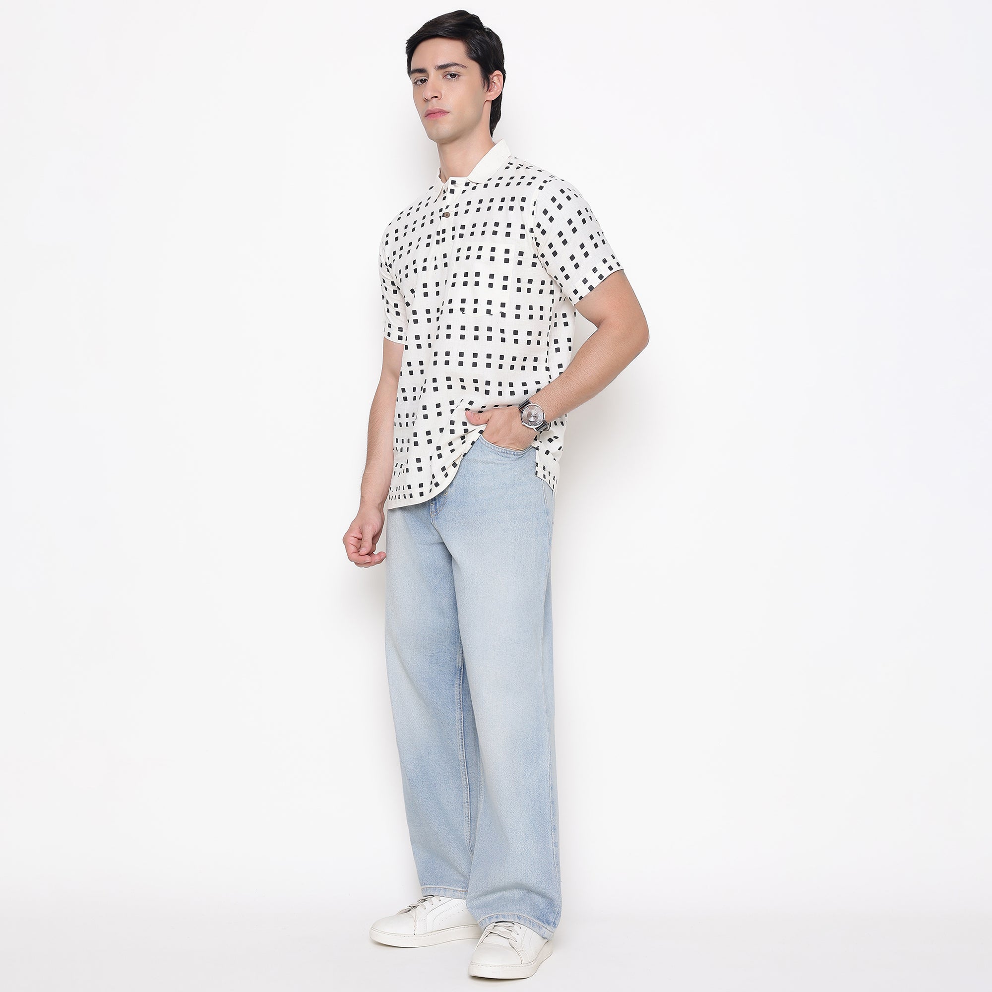 Men Printed 100% Kora Cotton Polo T-shirt | Regular Fit | Black Dot Design