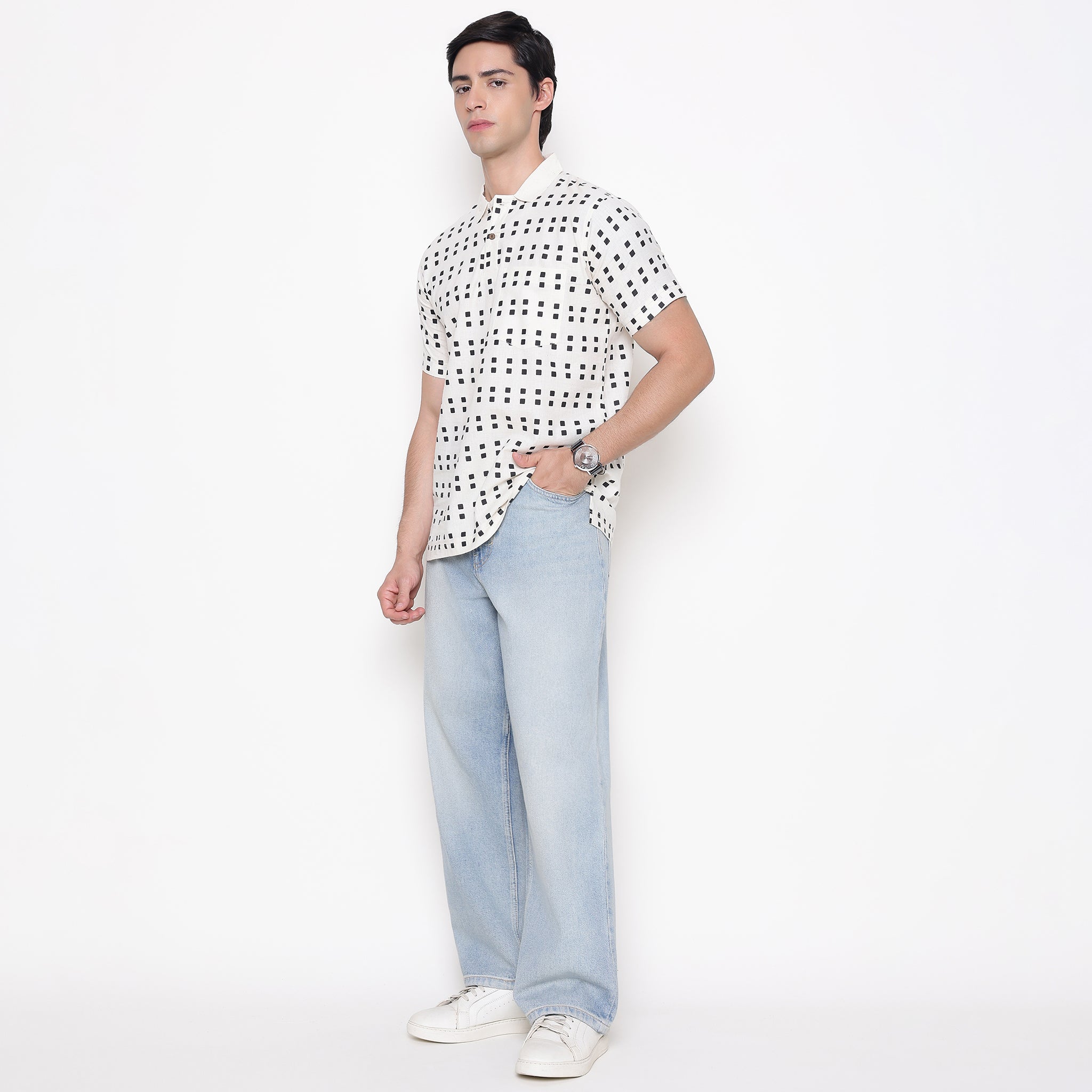 Men Printed 100% Kora Cotton Polo T-shirt | Regular Fit | Black Dot Design