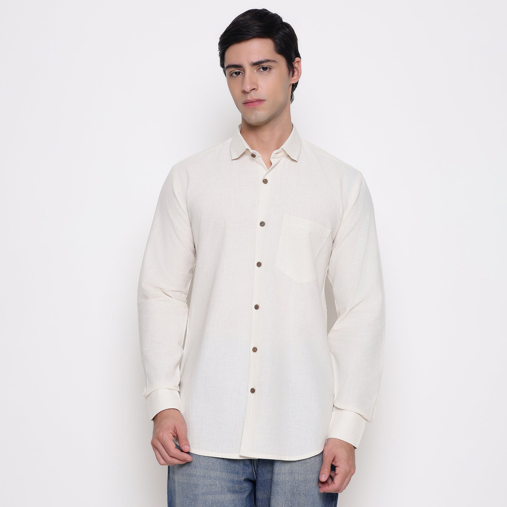 Men Solid 100% Kora Cotton Regular Fit Shirt | Pure Cotton | Cream