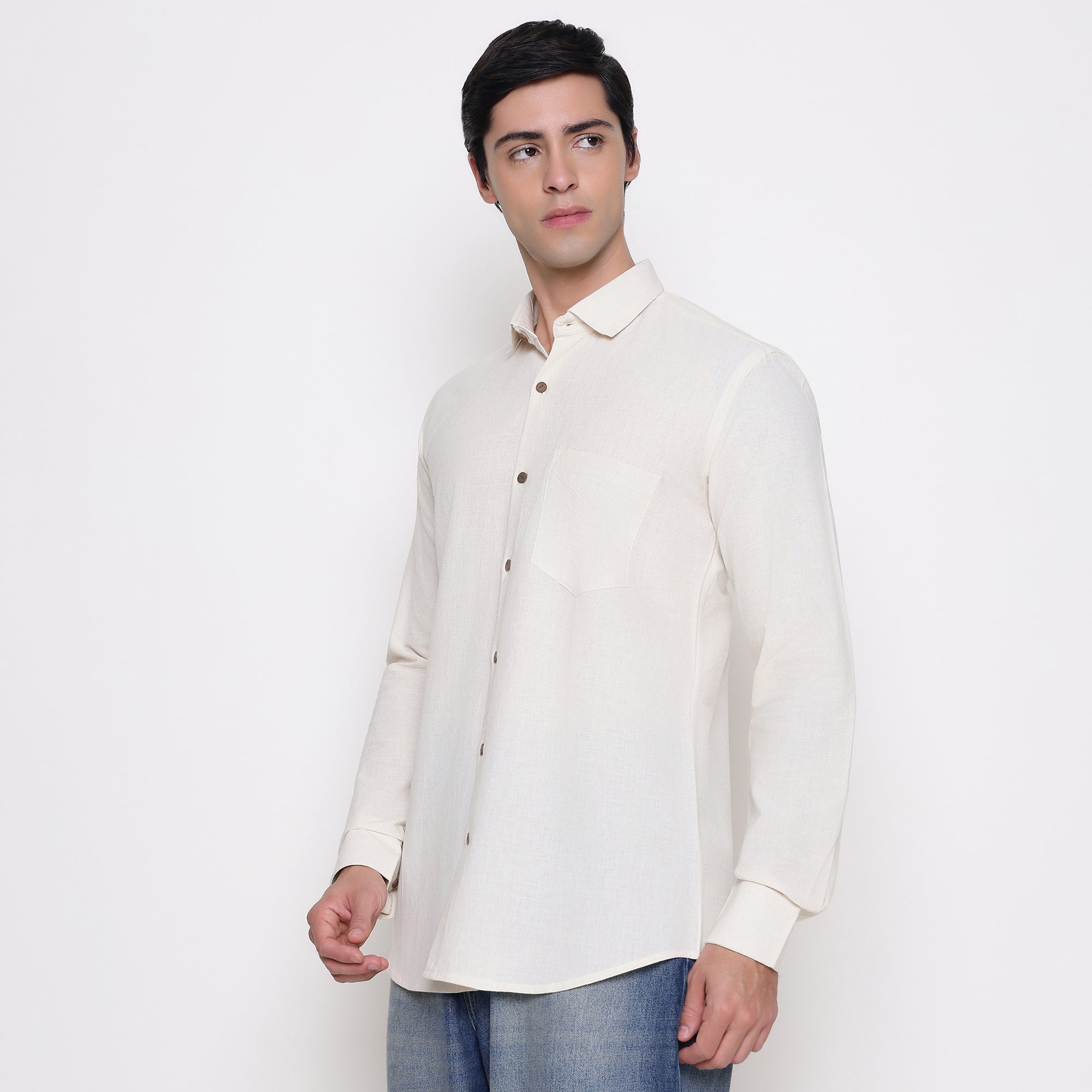 Men Solid 100% Kora Cotton Regular Fit Shirt | Pure Cotton | Cream