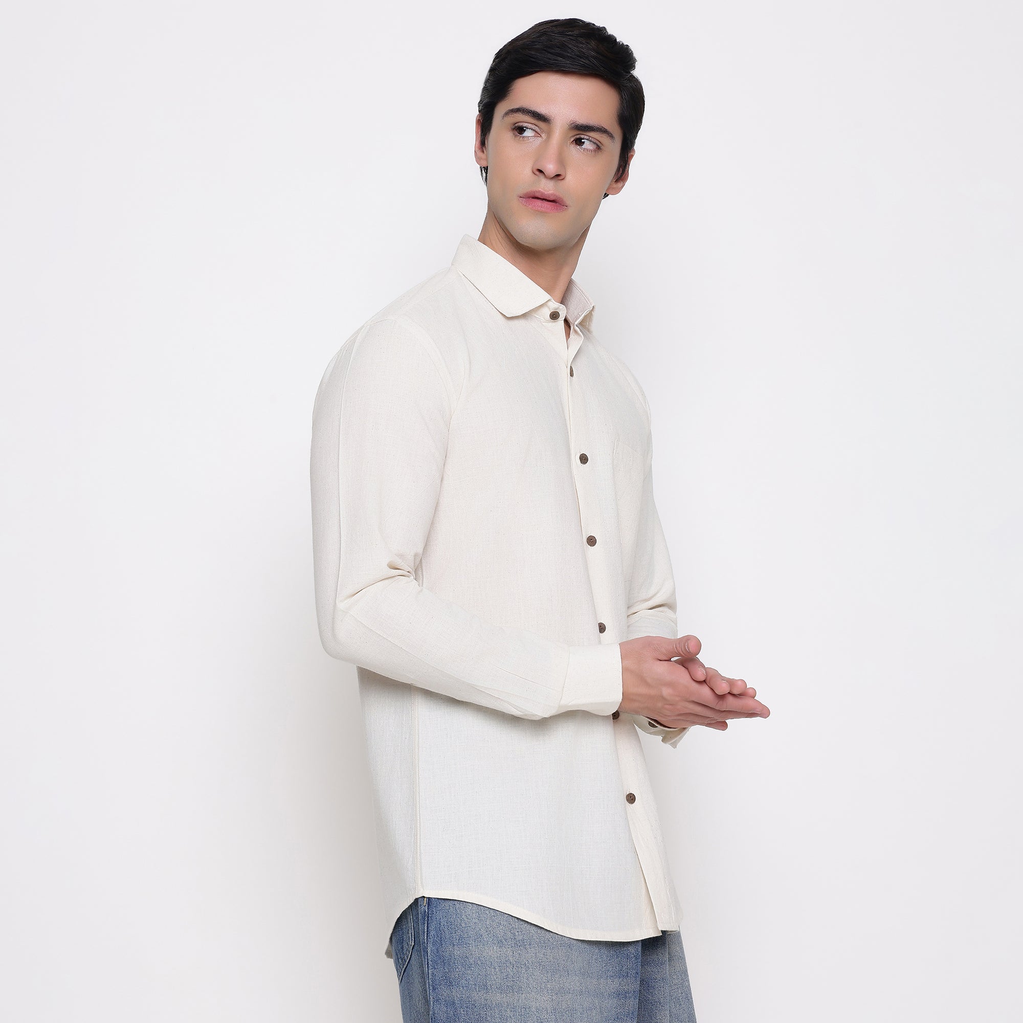 Men Solid 100% Kora Cotton Regular Fit Shirt | Pure Cotton | Cream