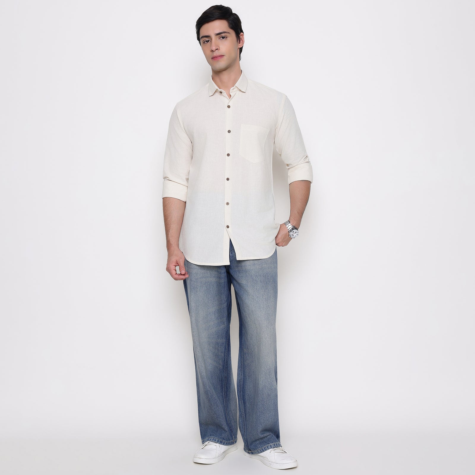 Men Solid 100% Kora Cotton Regular Fit Shirt | Pure Cotton | Cream