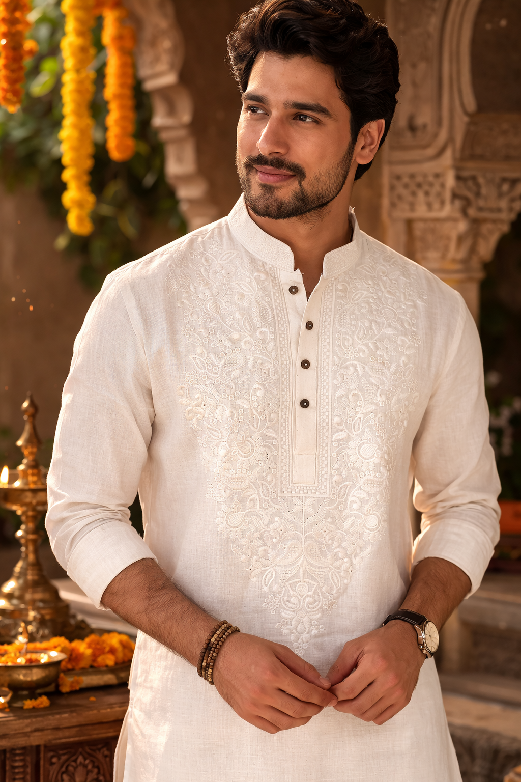 Men Embroidered Regular Fit 100% Kora Cotton Kurta Pyjama Set | Off White