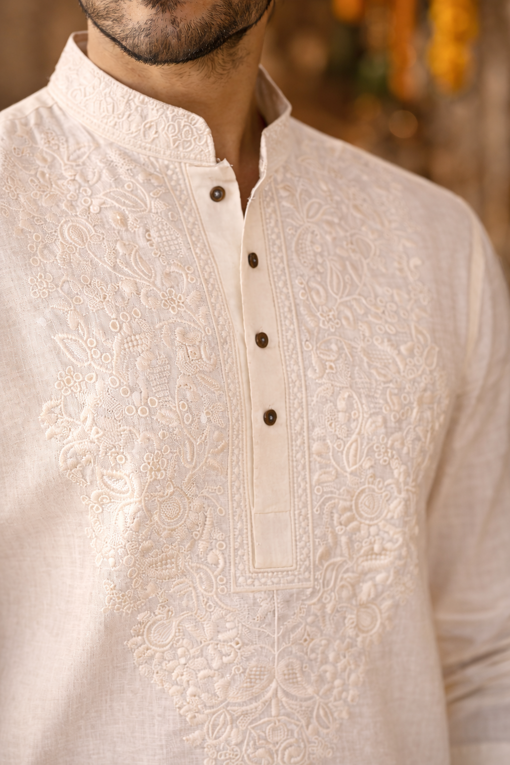 Men Embroidered Regular Fit 100% Kora Cotton Kurta Pyjama Set | Off White